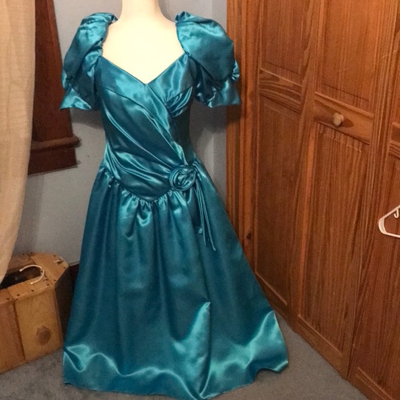 Vintage | Dresses | Vintage Bright Blue Shiny 8s Prom Dress | Poshmark